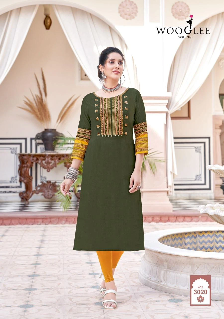 Wooglee Salonee Vol 5 Heavy Rayon Wholesale Fancy Kurtis Catalog — Wholesale Kurtis, Wooglee wholesale from Surat - Gallery Image 4